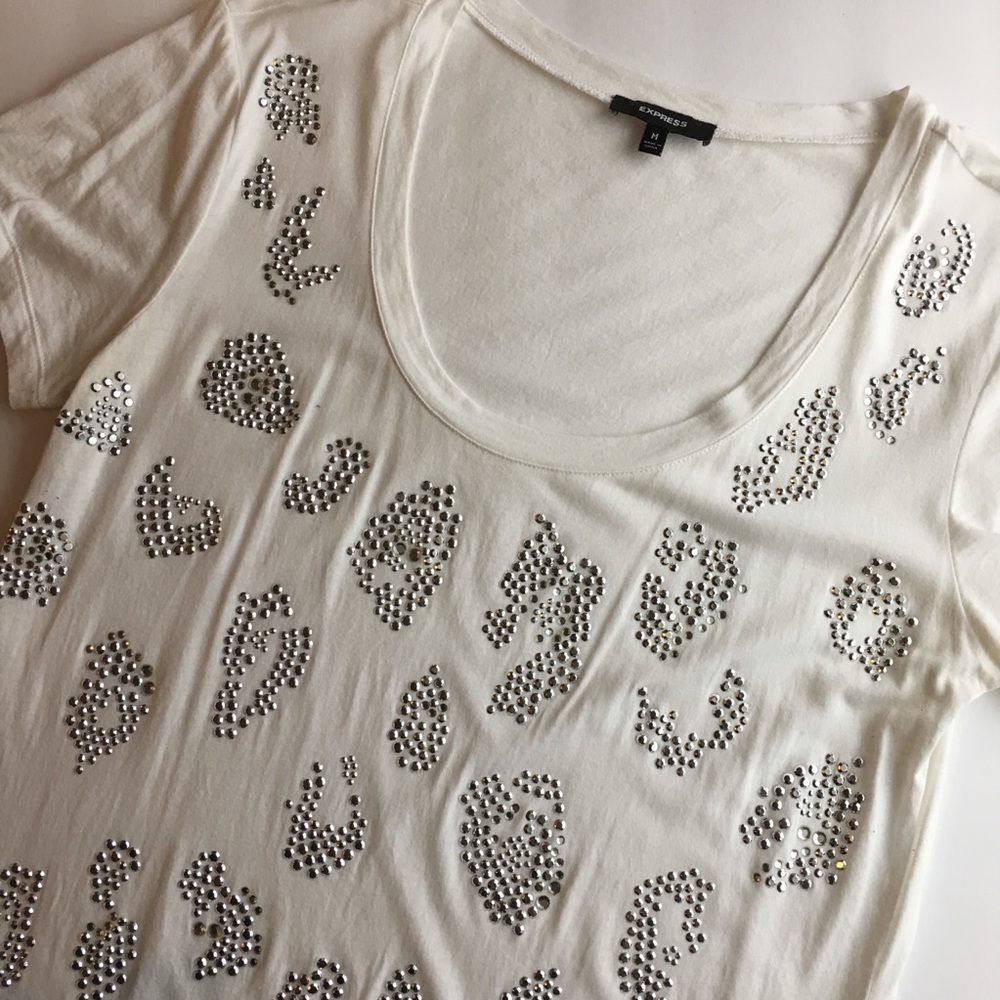 Express White Tee with Leopard Rhinestone Details - Picture 2 of 5
